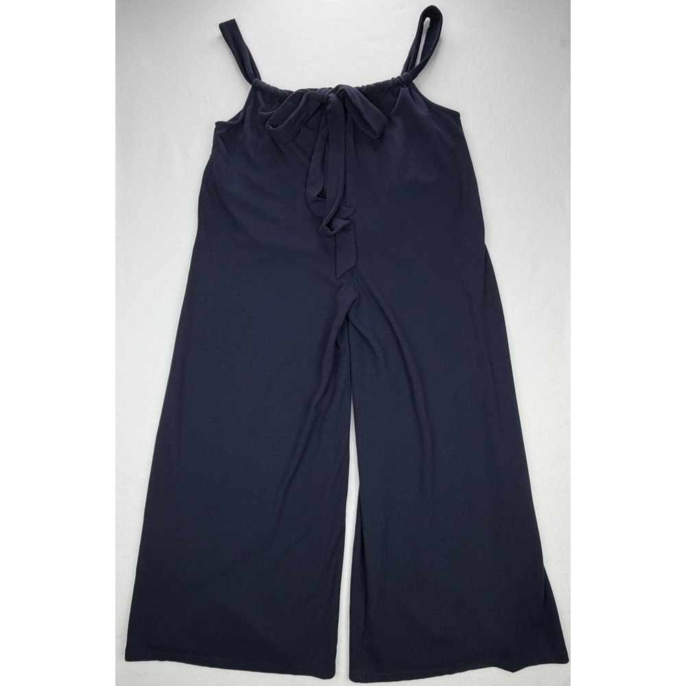 Listicle Navy Blue Ribbed Knit Wide Leg Tie Front Jumpsuit Womens Large